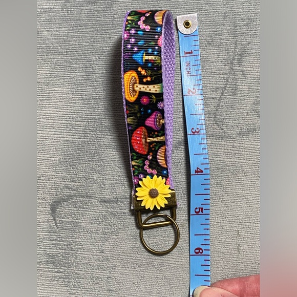 New handcrafted by me, neon mushroom rainbow wristlet with metal keychain, 6” - Picture 7 of 7